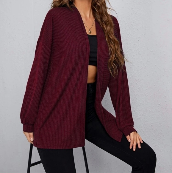 Open Front Lantern Sleeve Waffle Knit Cardigan - Picture 5 of 6